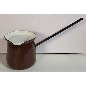 Vtg MCM Enamelware Butter Sauce Warmer Dipper Pourer Long Handle Poland Brown 6